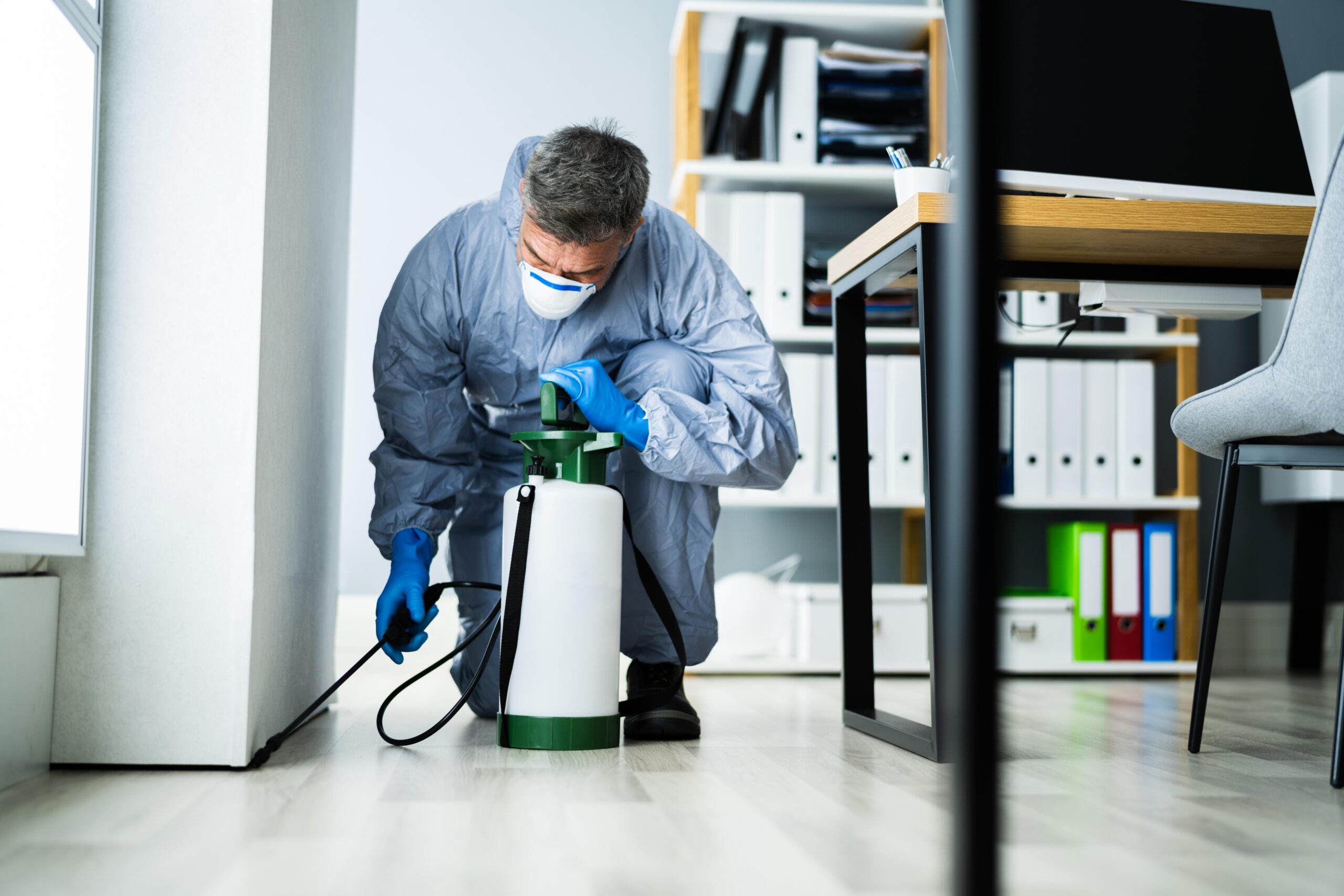 pest control exterminator man spraying pesticide