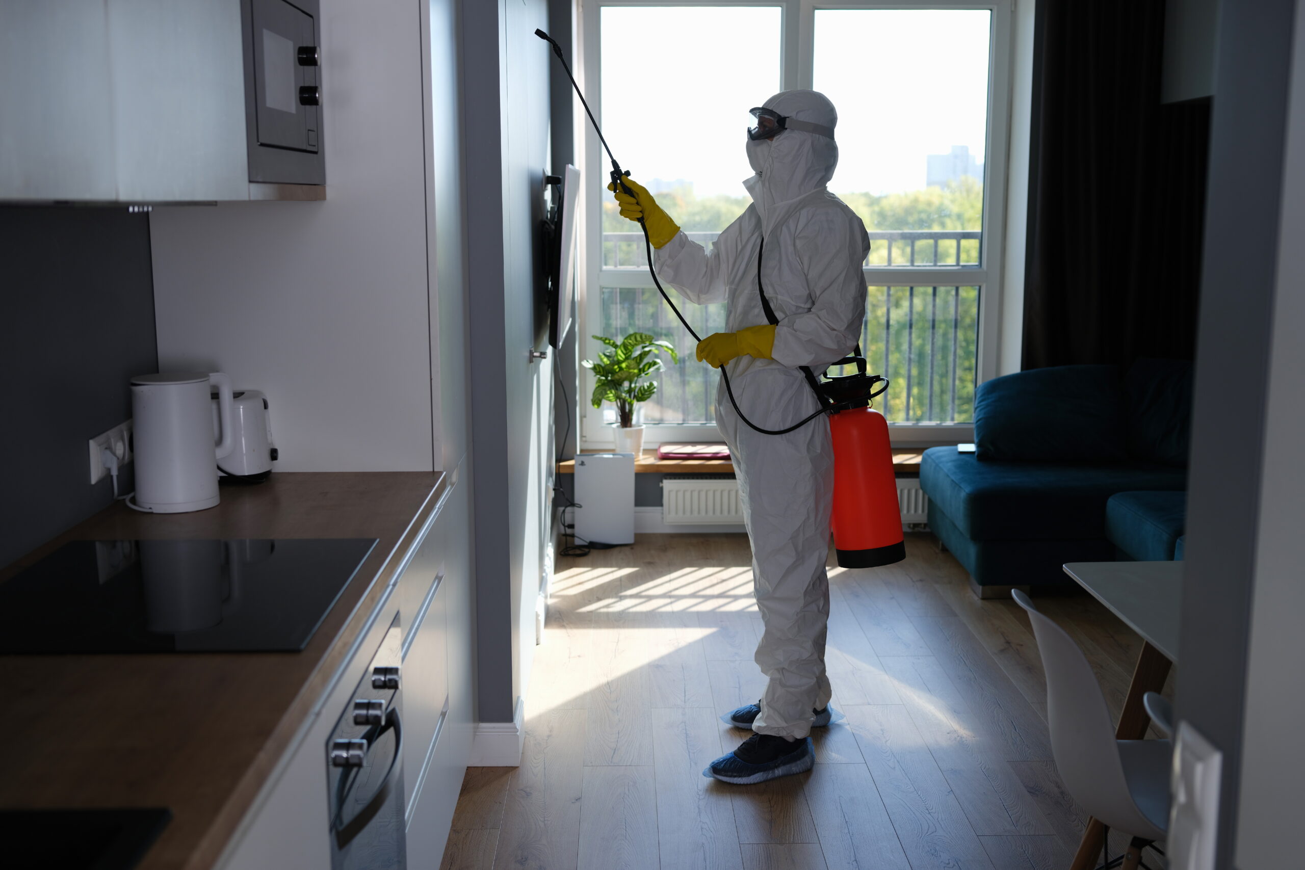 worker protective suit cleans room from cockroaches rats with spray gun